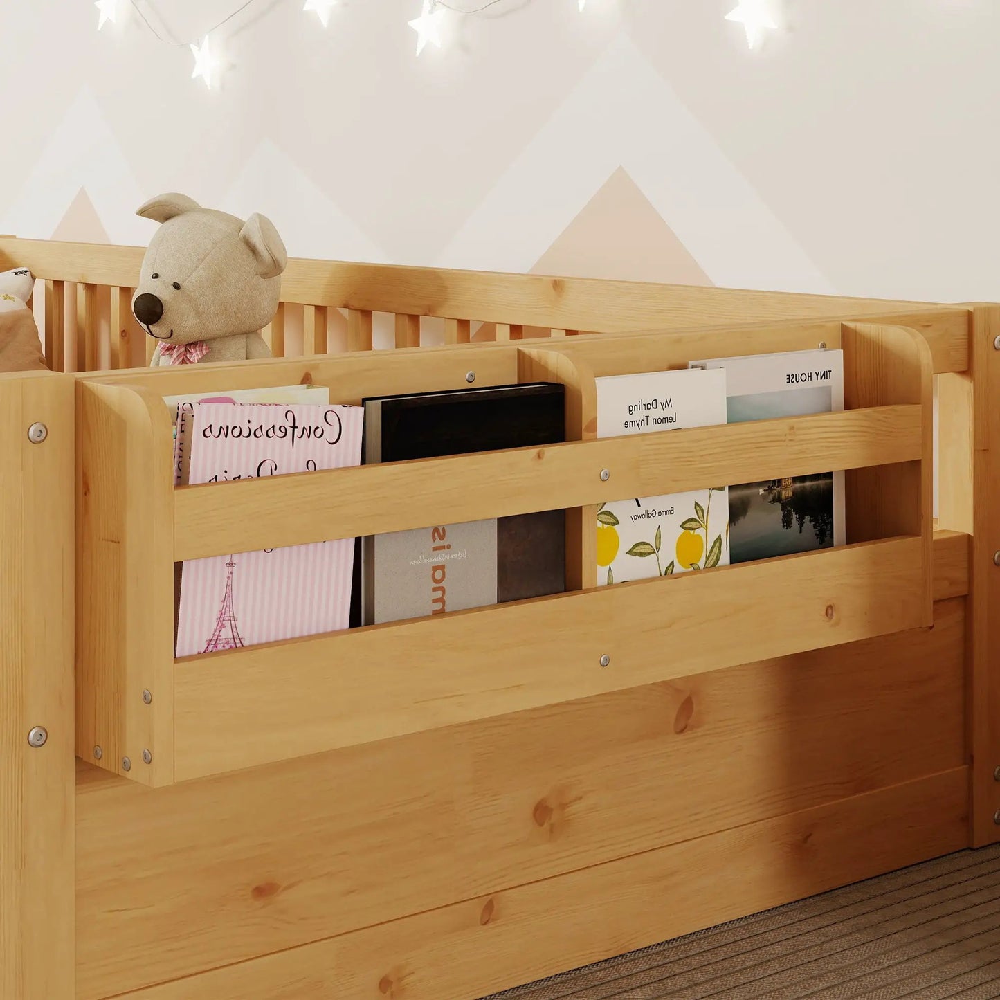 Twin Montessori Floor Bed Frame With High Rails, Wood Kids Floor Beds With Light And Storage Shelf, Natural by GJG Denim