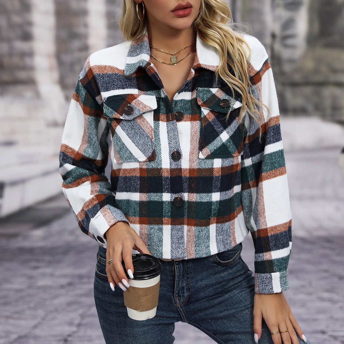 Autumn And Winter New Fashion Casual Pocket Plaid Women's Woolen Short Coat by GJG Denim