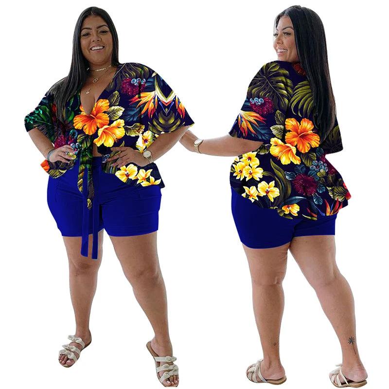 Women's Plus-Size Casual T-Shirt And Shorts Set With Print by GJG Denim