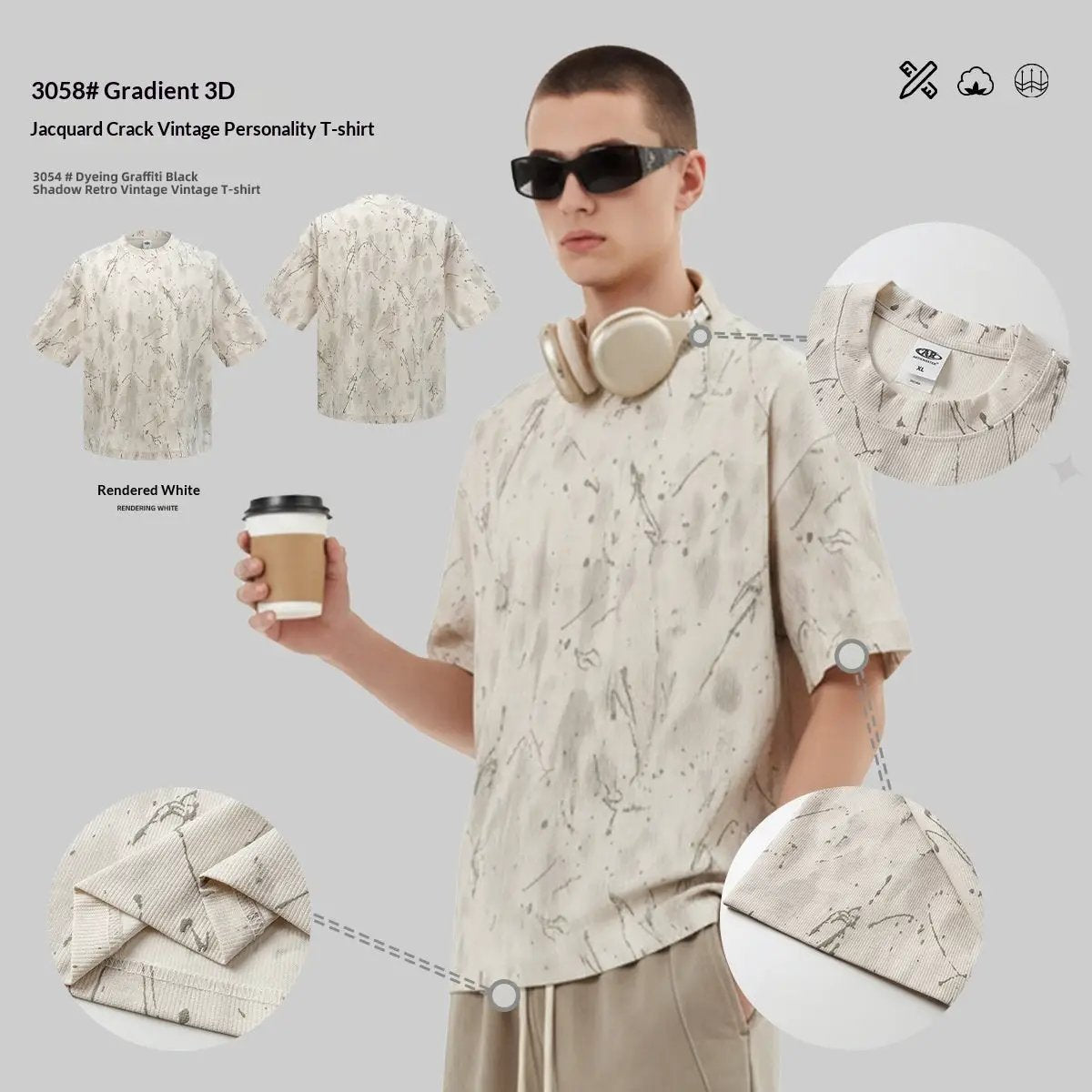 Ombre 3D Jacquard Crackle Distressed Trendy Brand All-Match T-Shirt by GJG Denim