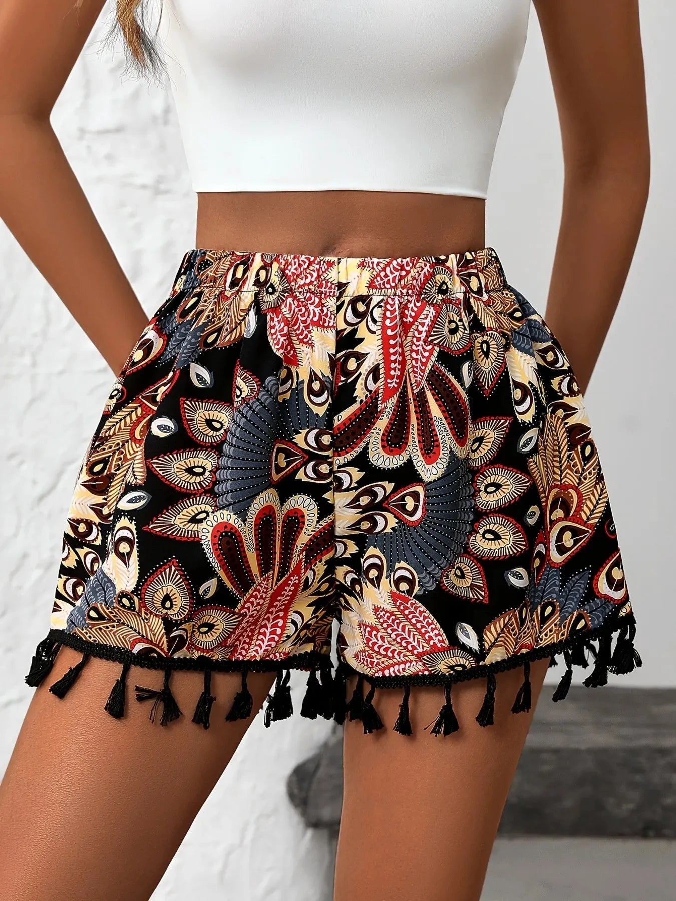 Paisley Print Tassel Hem Shorts by Lady Ros