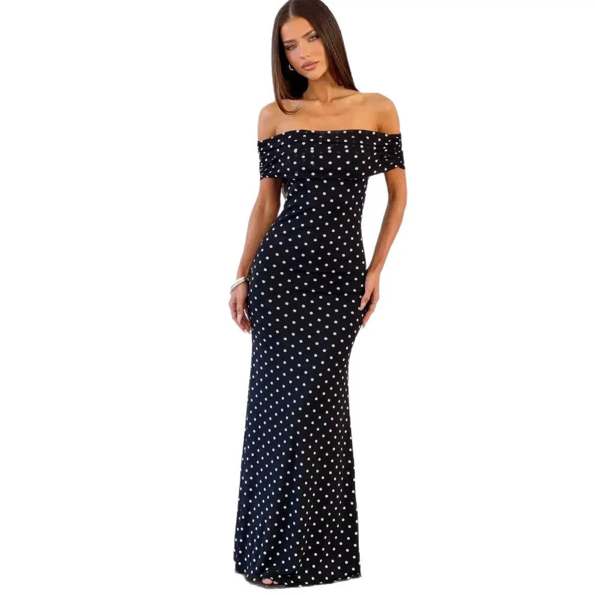 Fashionable Polka-dot Mesh Off-shoulder Backless Dress by GJG Denim