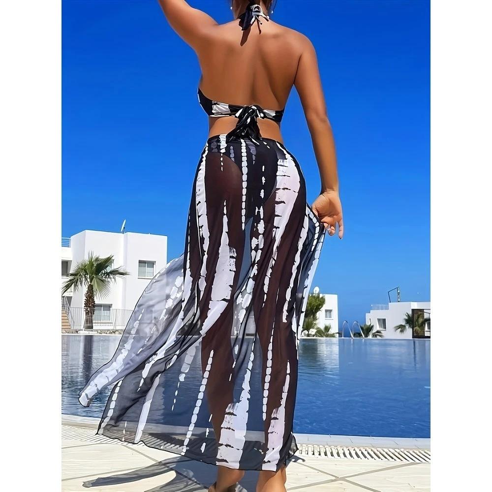 European And American Women's Swimsuit Sunscreen Bikini Three Piece Set Striped Printed Mesh Beach Vacation Sunscreen Swimsuit Women by GJG Denim