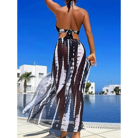 European And American Women's Swimsuit Sunscreen Bikini Three Piece Set Striped Printed Mesh Beach Vacation Sunscreen Swimsuit Women by GJG Denim