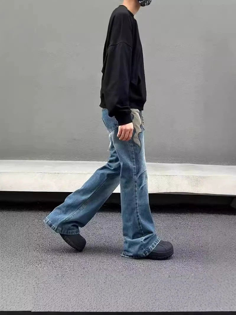 Men's Retro Flame Washed Straight Leg Jeans by GJG Denim