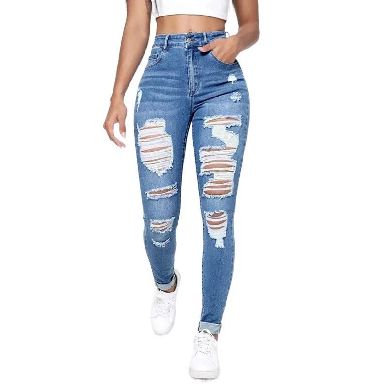 Skinny Jeans Women's High Waist Slim Fit Slimming Holes Skinny Pants by GJG Denim