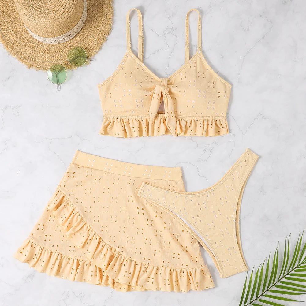3pcs Beach Bikini With Hip-hugging Skirt Fashion Ruffle Design Swimsuit Set Summer Womens Clothing by GJG Denim