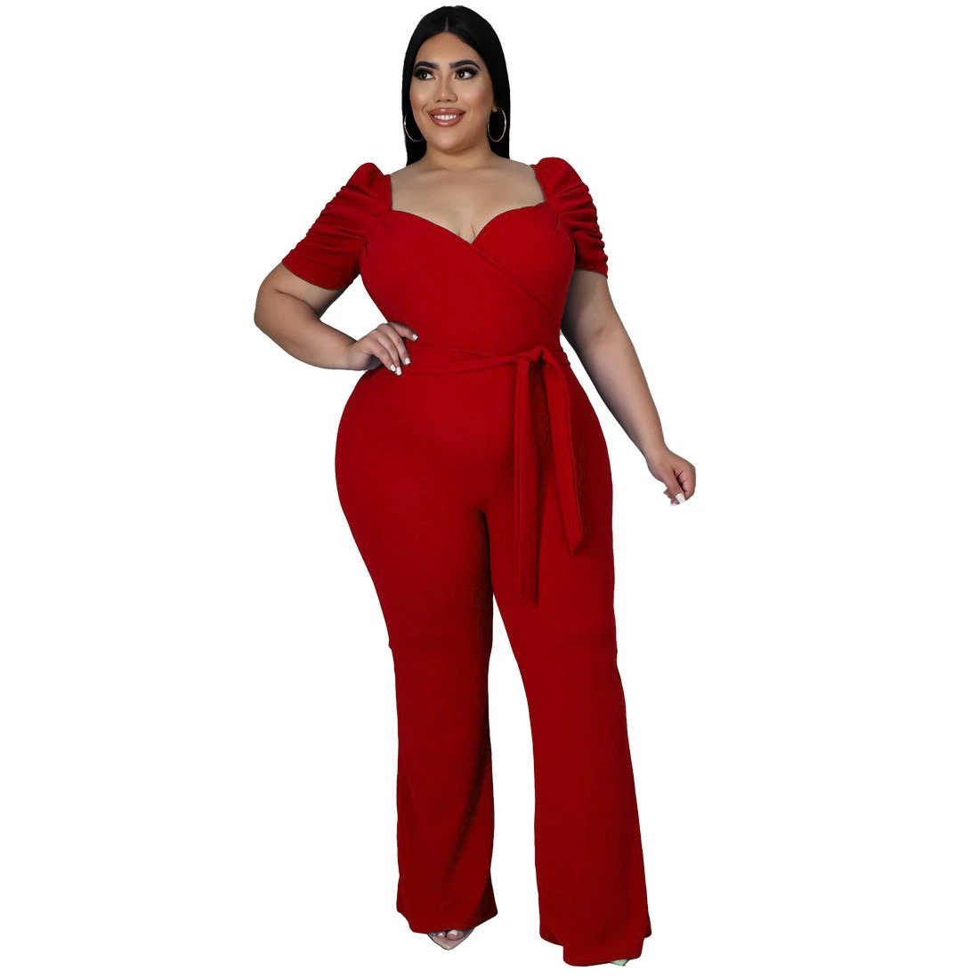 Women's Plus-Size Stand Collar Ruffle Sleeve High-Waist Jumpsuit Wide-Leg Pants by GJG Denim
