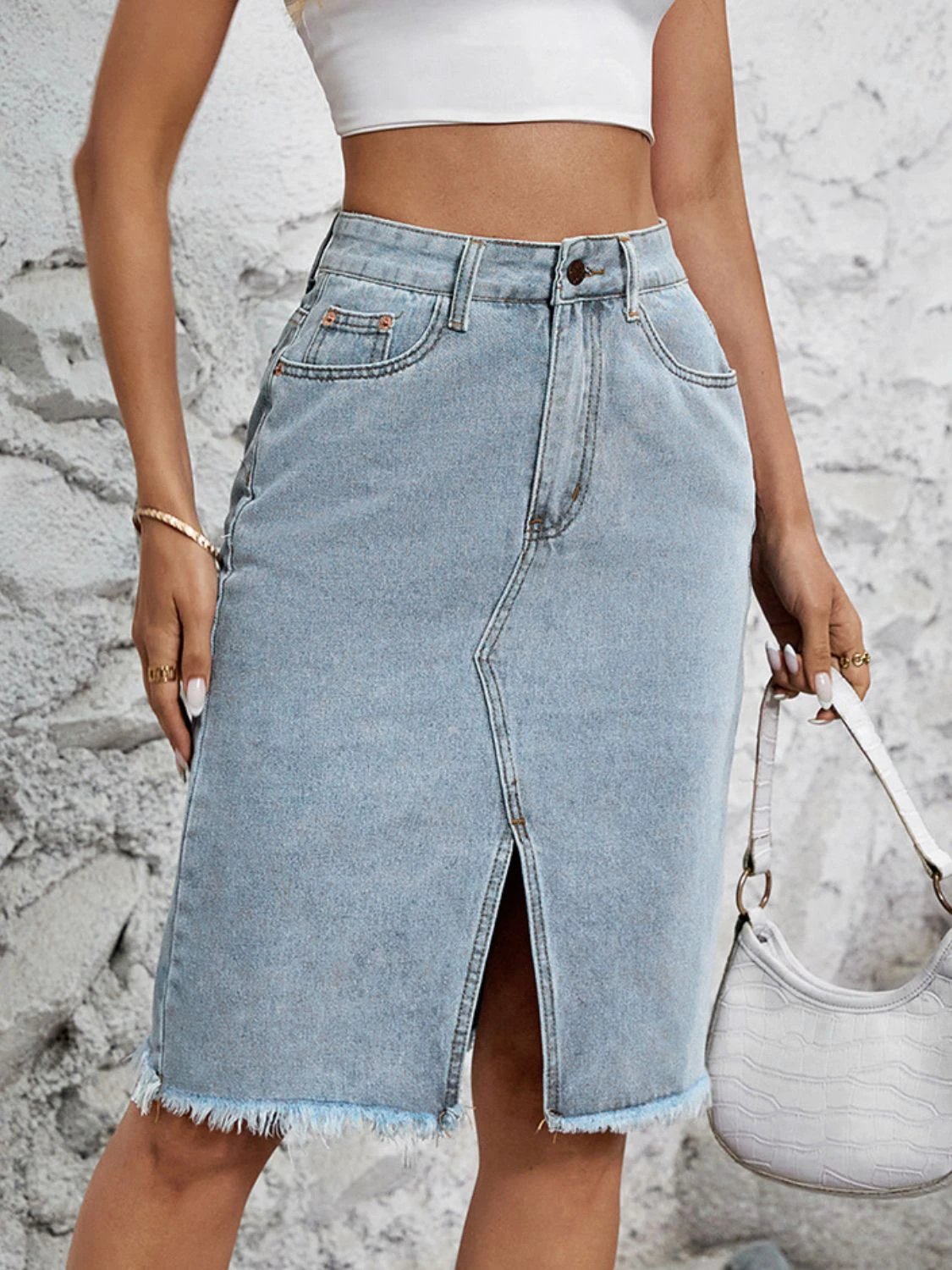 Raw Hem Slit Denim Skirt by Lady Ros