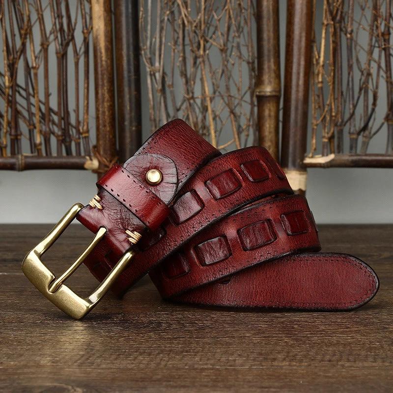 Retro Genuine Leather With Brass Buckle Belt For Men by GJG Denim