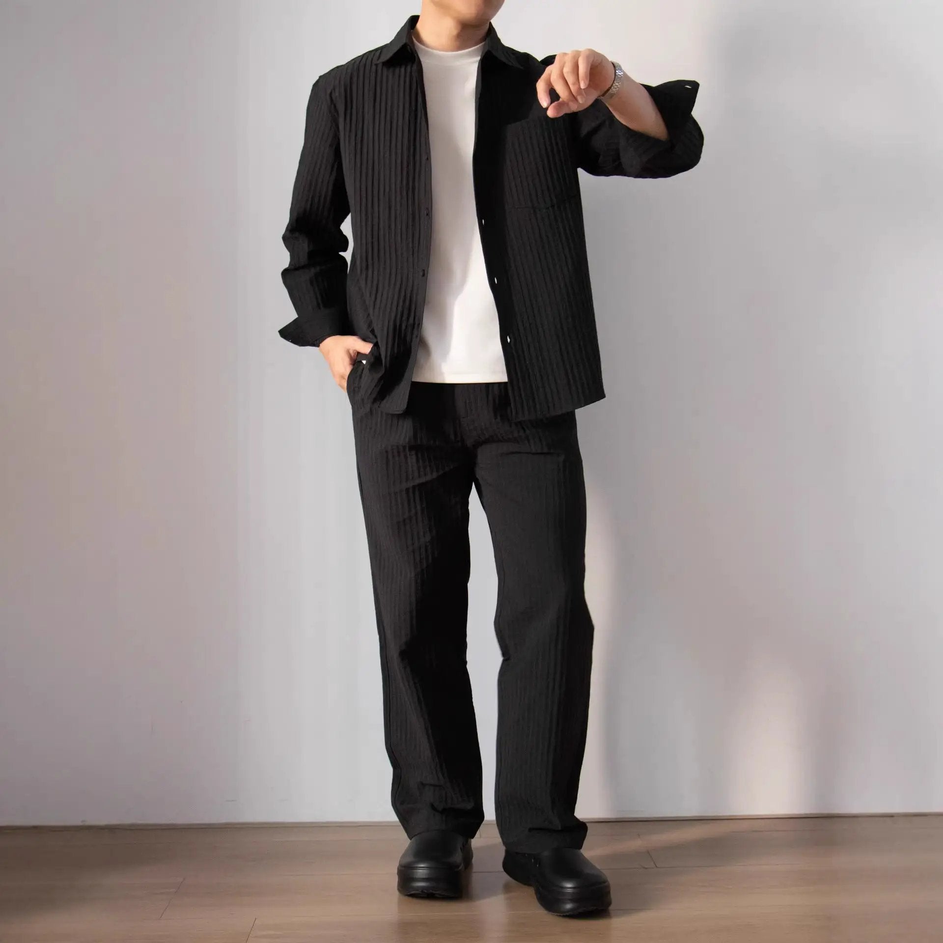 Japanese-style Wood-grain Textured Shirt Set by GJG Denim
