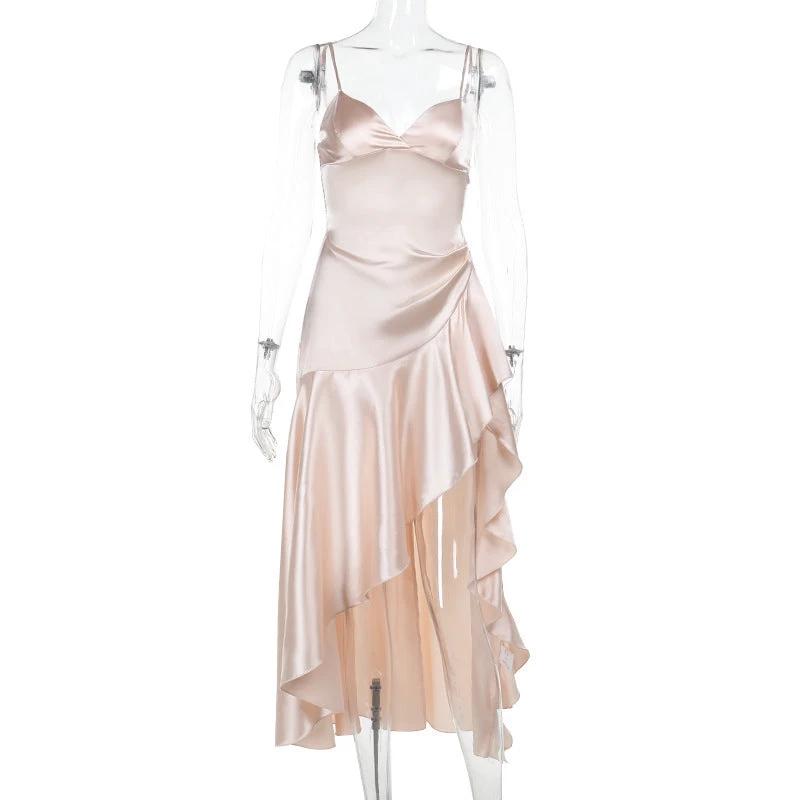 V-neck Asymmetric Ruffled Side Slit Sling Dress by GJG Denim