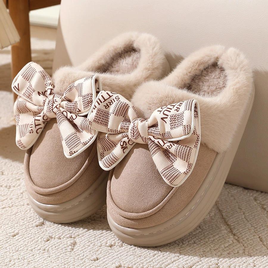 Cute Bowknot Plush Slipper Winter Warm Indoor Floor Bedroom Home Slippers For Women Fashion Thick-soled Solid House Shoes by GJG Denim