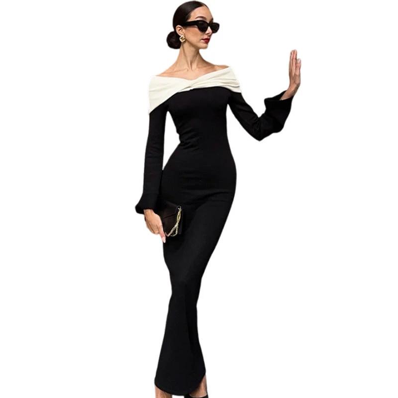 Off-shoulder Long Sleeve High Waist Slim Fit Dress Women by GJG Denim