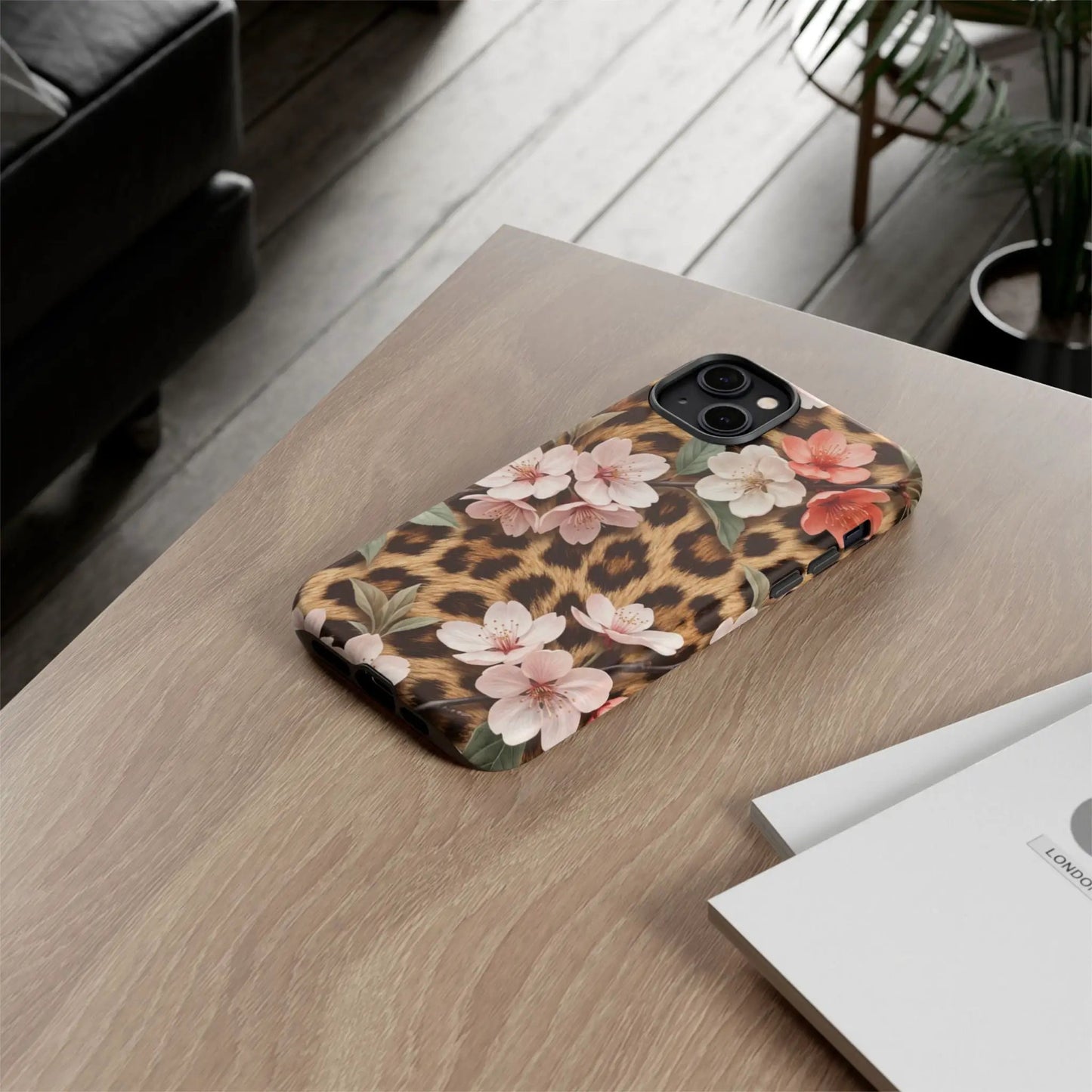 Leopard Floral Tough Case — Protective Phone Case with Pink Cherry Blossoms by Printify