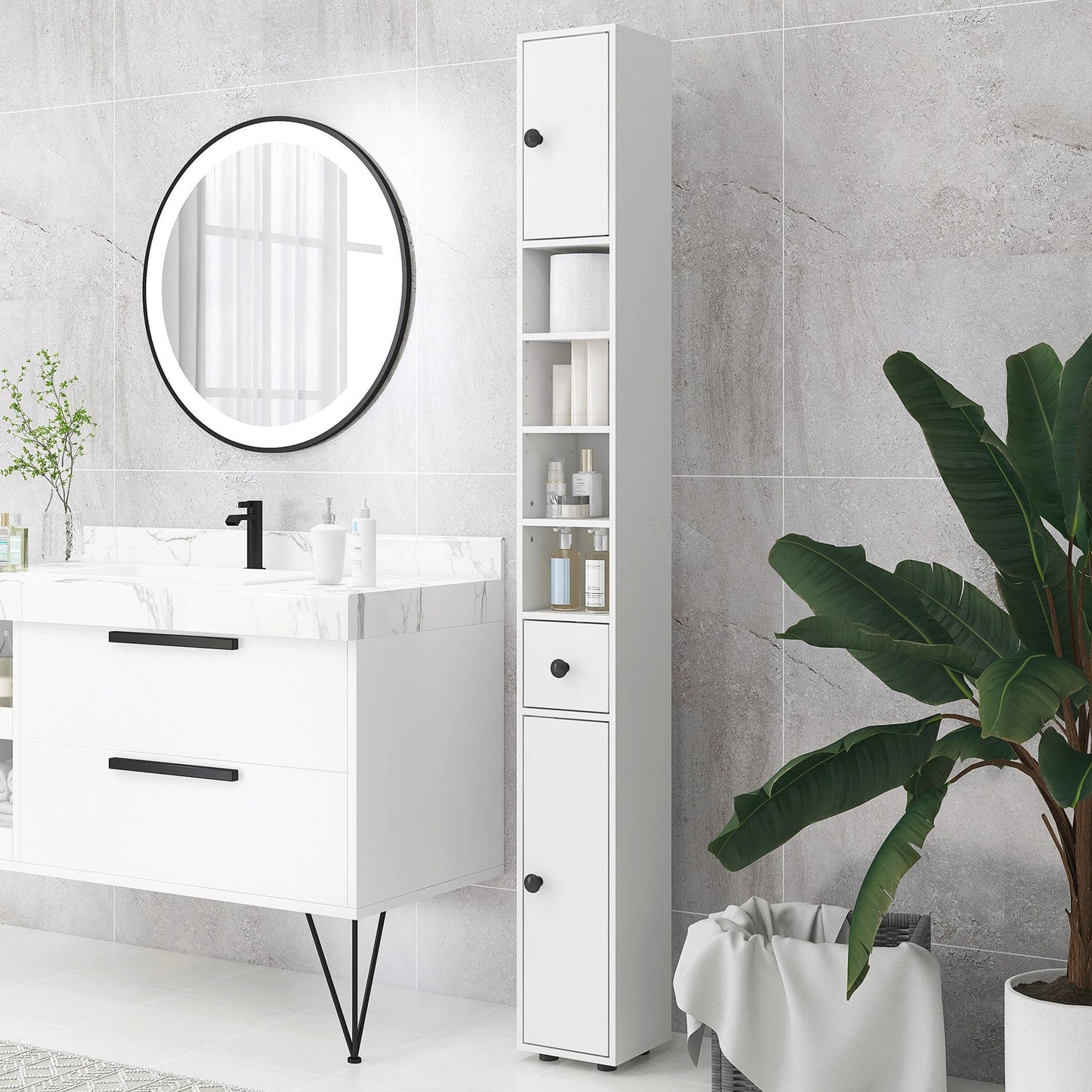 71" Small Bathroom Storage Cabinet, Narrow Toilet Paper Cabinet With Open Shelves, 2 Cabinets, Adjustable Shelves, White by GJG Denim