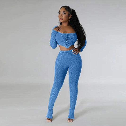 Square Collar Skinny Pants Two-piece Suit by GJG Denim