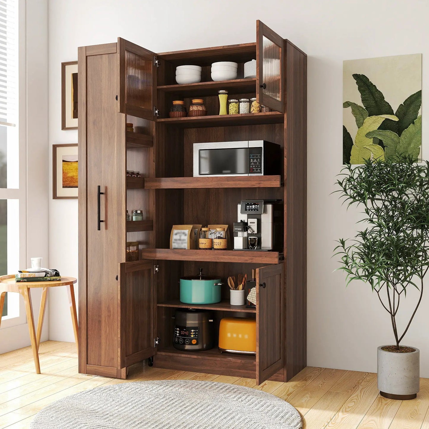 Kitchen Pantry Cabinet With Multi-functional Pull-out Multi-tier Storage Shelf,Farmhouse Storage Cabinet With 4 Doors,Pantry Organizers For Kitchen,Dining Room by GJG Denim