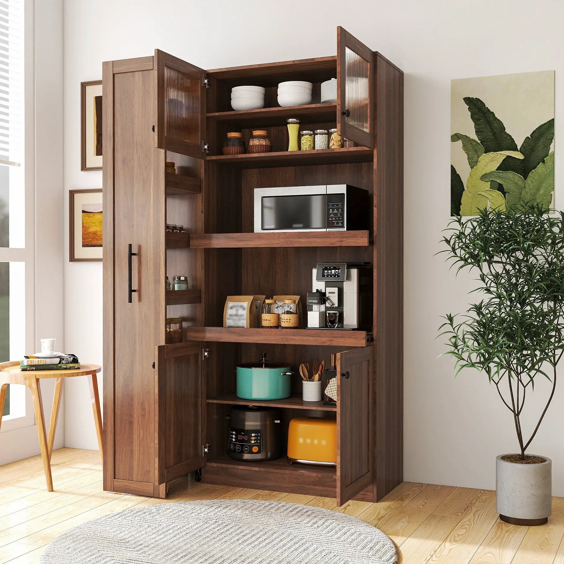 Kitchen Pantry Cabinet With Multi-functional Pull-out Multi-tier Storage Shelf,Farmhouse Storage Cabinet With 4 Doors,Pantry Organizers For Kitchen,Dining Room by GJG Denim