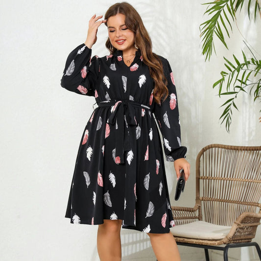Printed Long Sleeve Waist-tight European And American Plus Size Dress by GJG Denim