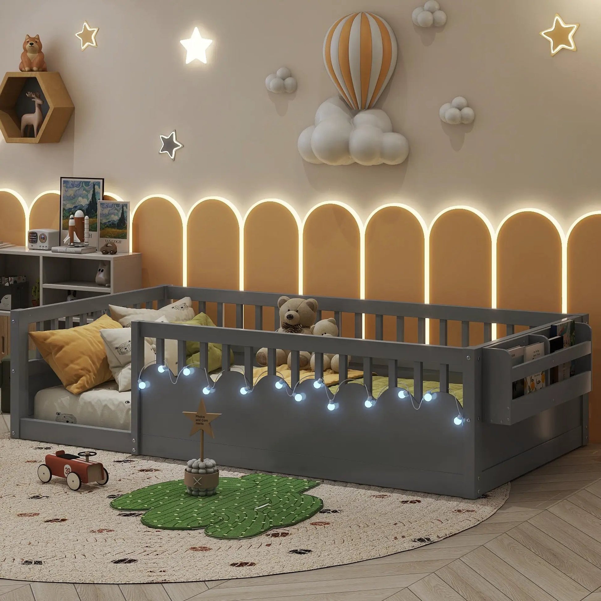 Twin Montessori Floor Bed Frame With High Rails, Wood Kids Floor Beds With Light And Storage Shelf, Gray by GJG Denim