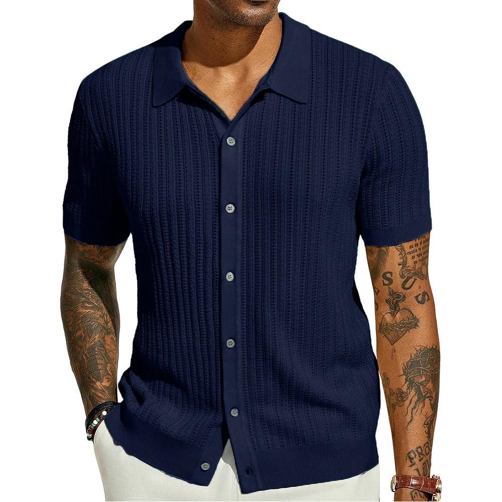 Summer Cool Knitted Men's Shirt Short Sleeved Lapel Solid Color by GJG Denim