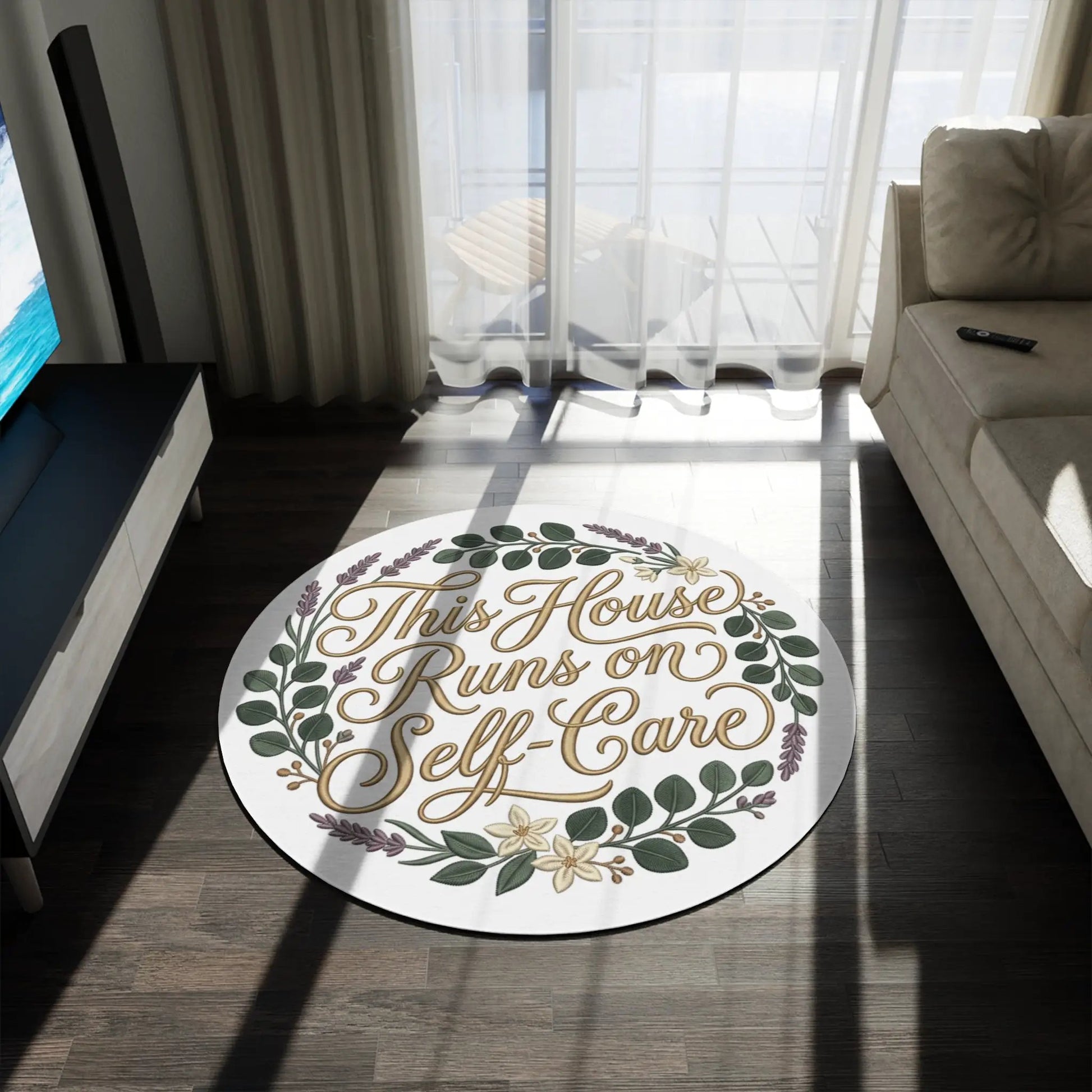 Round Rug — "This House Runs on Self-Care" Floral Wreath Décor Rug by Printify
