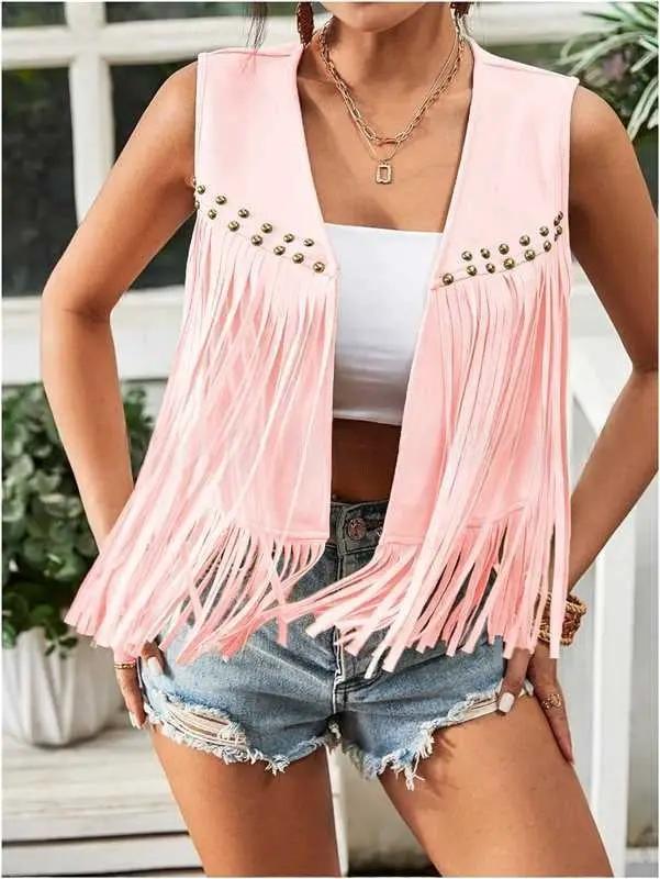 Womens Tassel Sleeveless Vest With Suede Tassels by GJG Denim