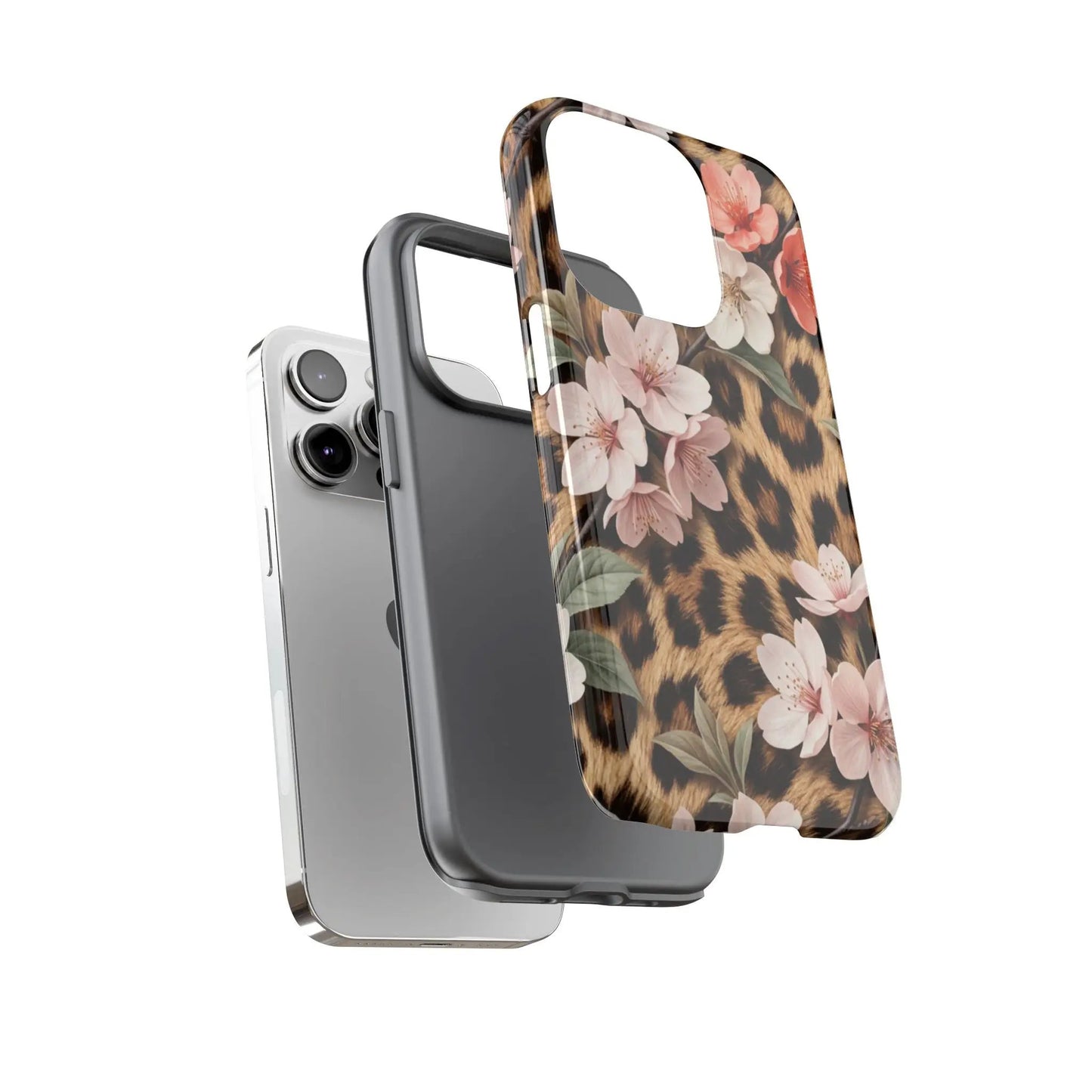 Leopard Floral Tough Case — Protective Phone Case with Pink Cherry Blossoms by Printify