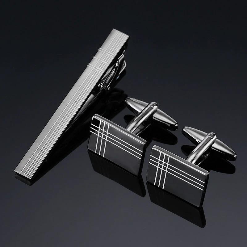 Gold Silver Black Square Brushed Tie Clip And Cufflinks by GJG Denim