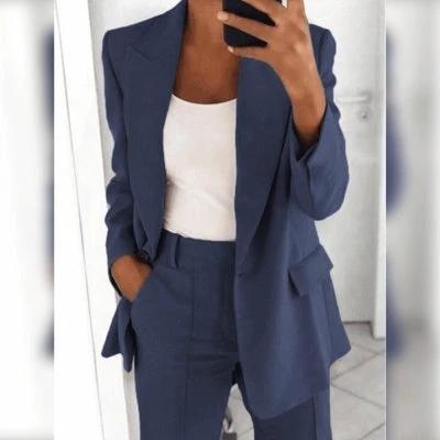 Ins Button Casual Suit Fashion Long-sleeved Lapel Blazer Jacket And Slim-fit Pocket Trousers For Women Clothing by GJG Denim