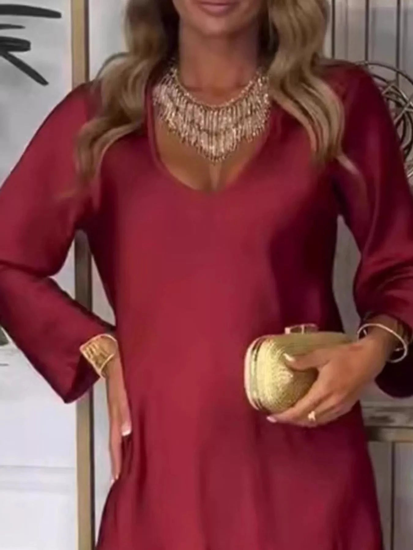 Full Size V-Neck Long Sleeve Midi Dress Plus Size by Lady Ros