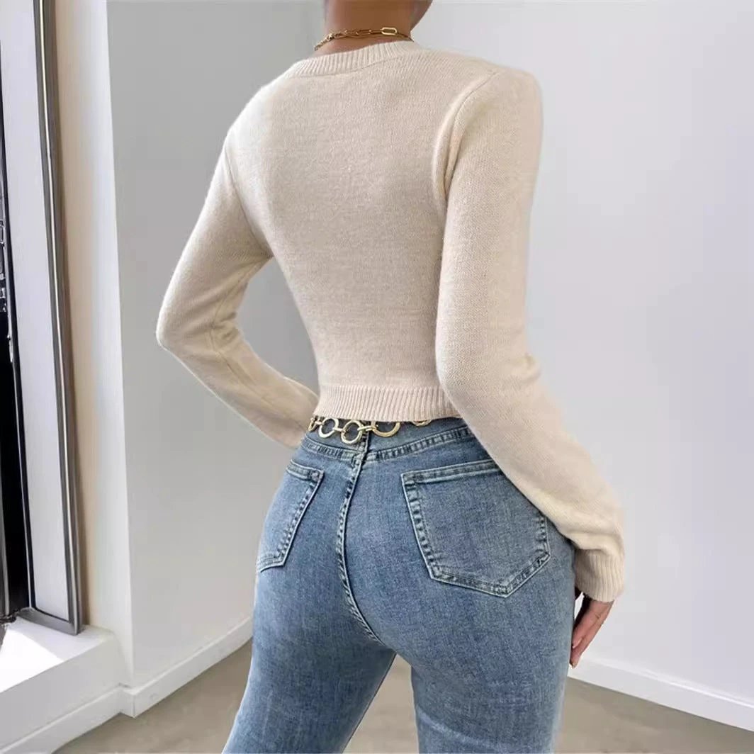 Round Neck Design Cross Knitted Top Sweater For Women by GJG Denim