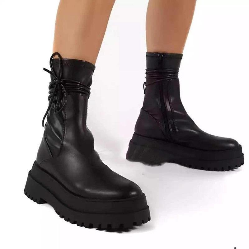 Platform Lace-up Middle Boots Plus Size Platform Heel Ankle Boots by GJG Denim