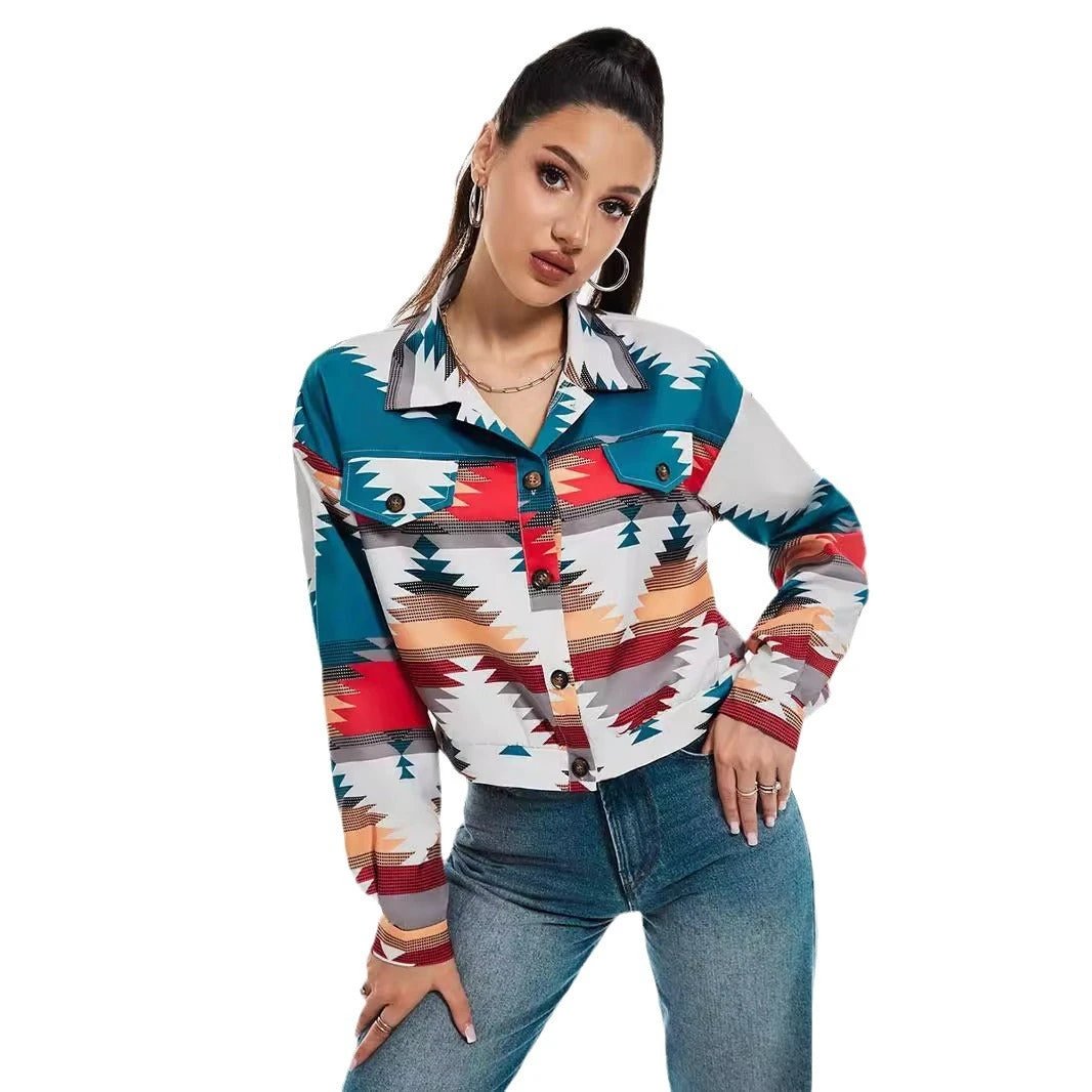 Coat Printing Long Sleeve Short Top by GJG Denim