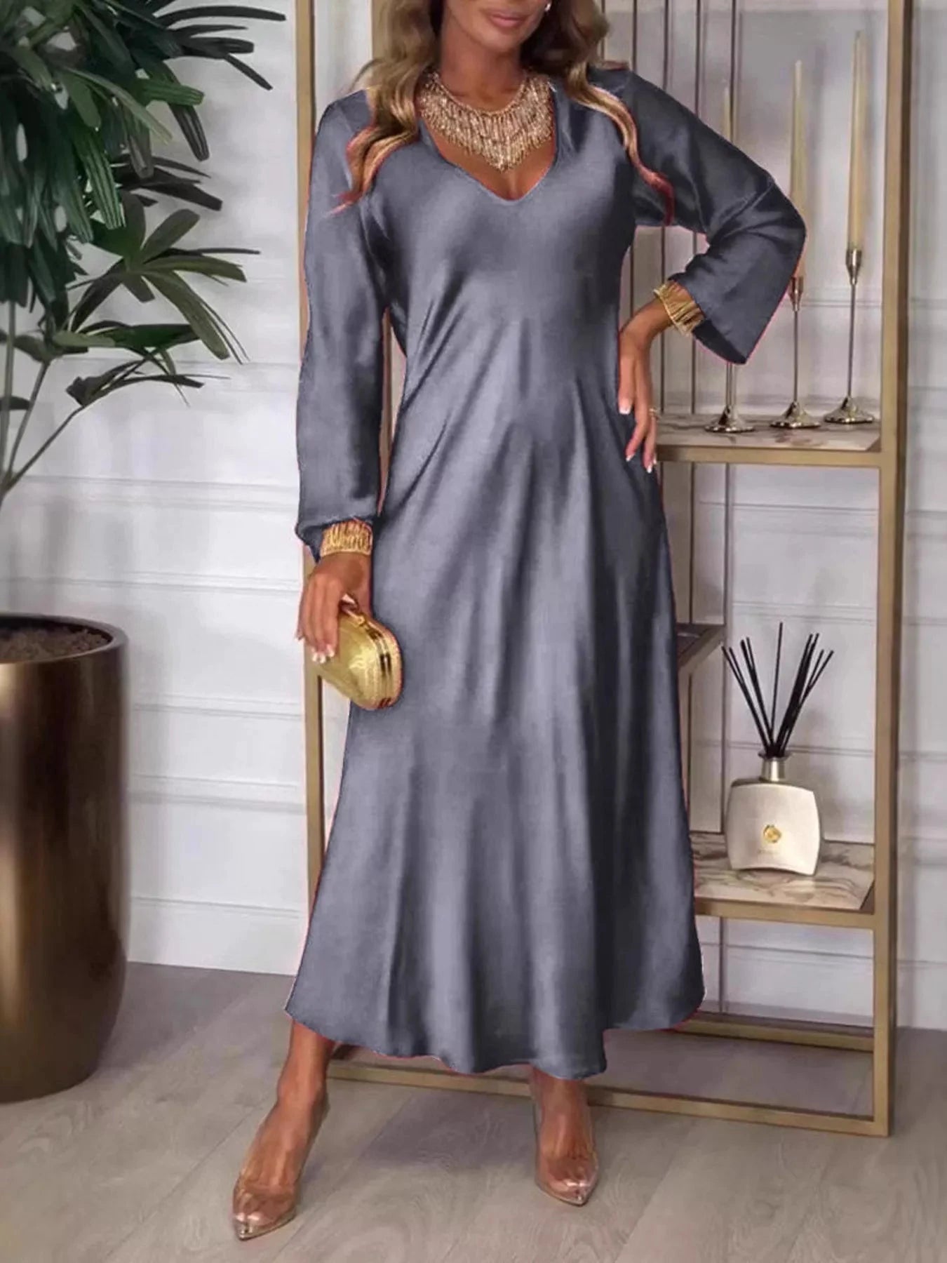 Full Size V-Neck Long Sleeve Midi Dress Plus Size by Lady Ros