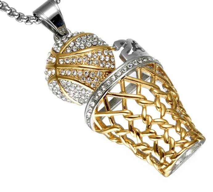 HIP Hop Bling Iced Out Gold Full Rhinestone Basketball Pendants Necklaces 316L Stainless Steel Sports Necklace for Men Jewelry by GJG Denim