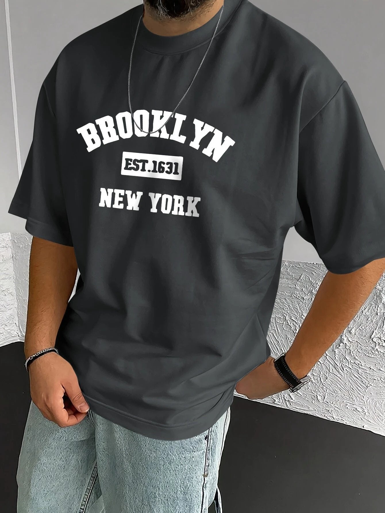 Men's Summer Spring Brooklyn Fashionable Printed T-shirt, Casual Short Sleeved Fashionable Style T-shirt, Sporty New Casual Short Sleeved Top by GJG Denim