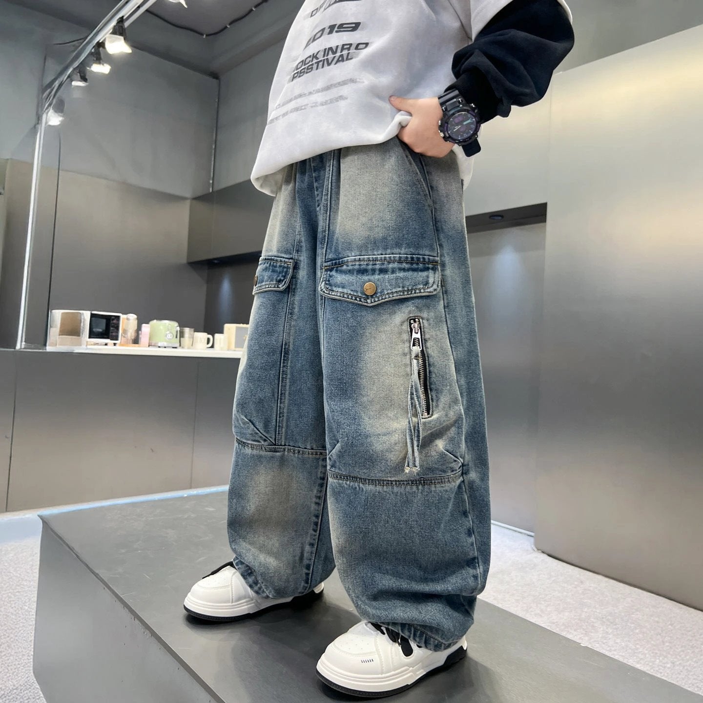 Simple And Versatile Boys' Pants Loose Cargo Jeans by GJG Denim