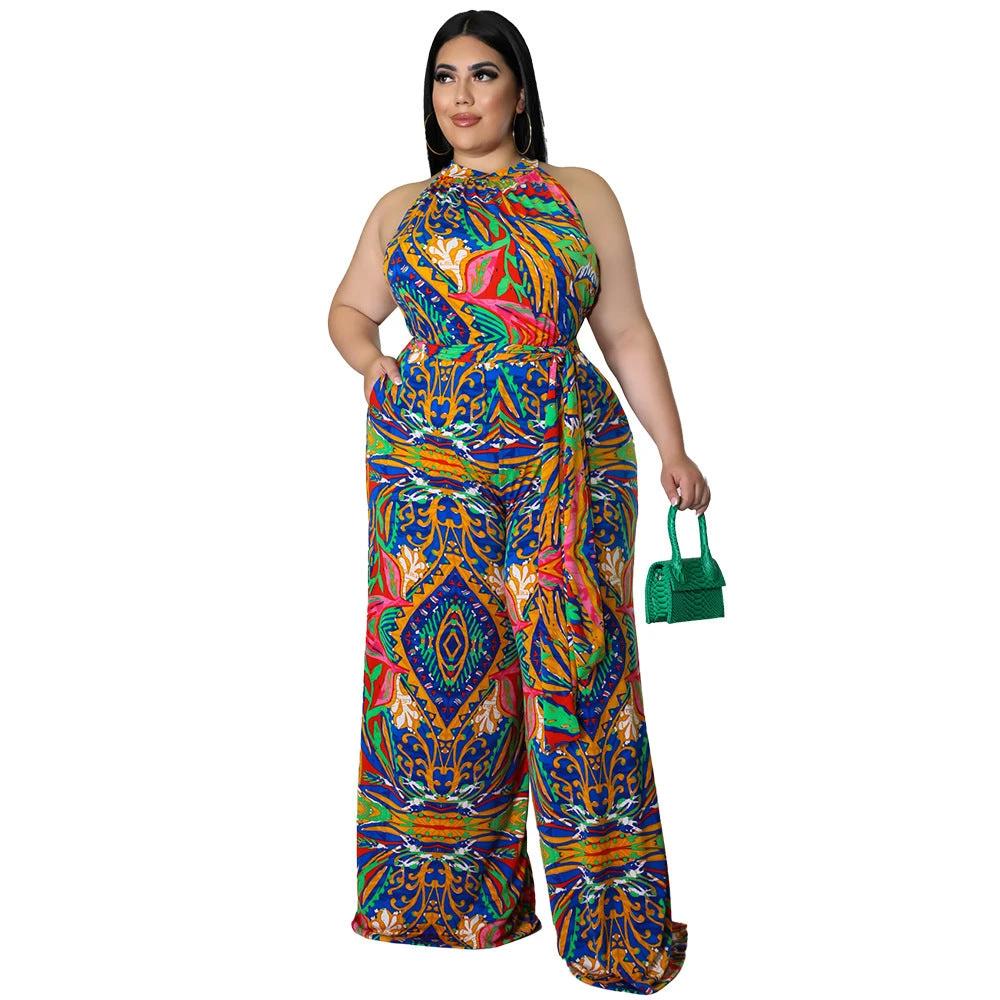 Women's Casual Halter neck Printed Jumpsuit With Belt Plus Size by GJG Denim