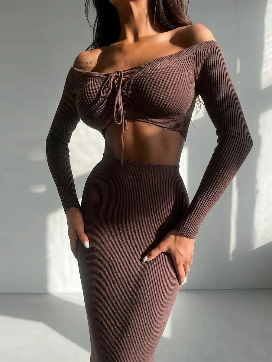 Autumn Winter Sexy Long Sleeve Sweater Dress Two-piece Set Skinny Knit by GJG Denim