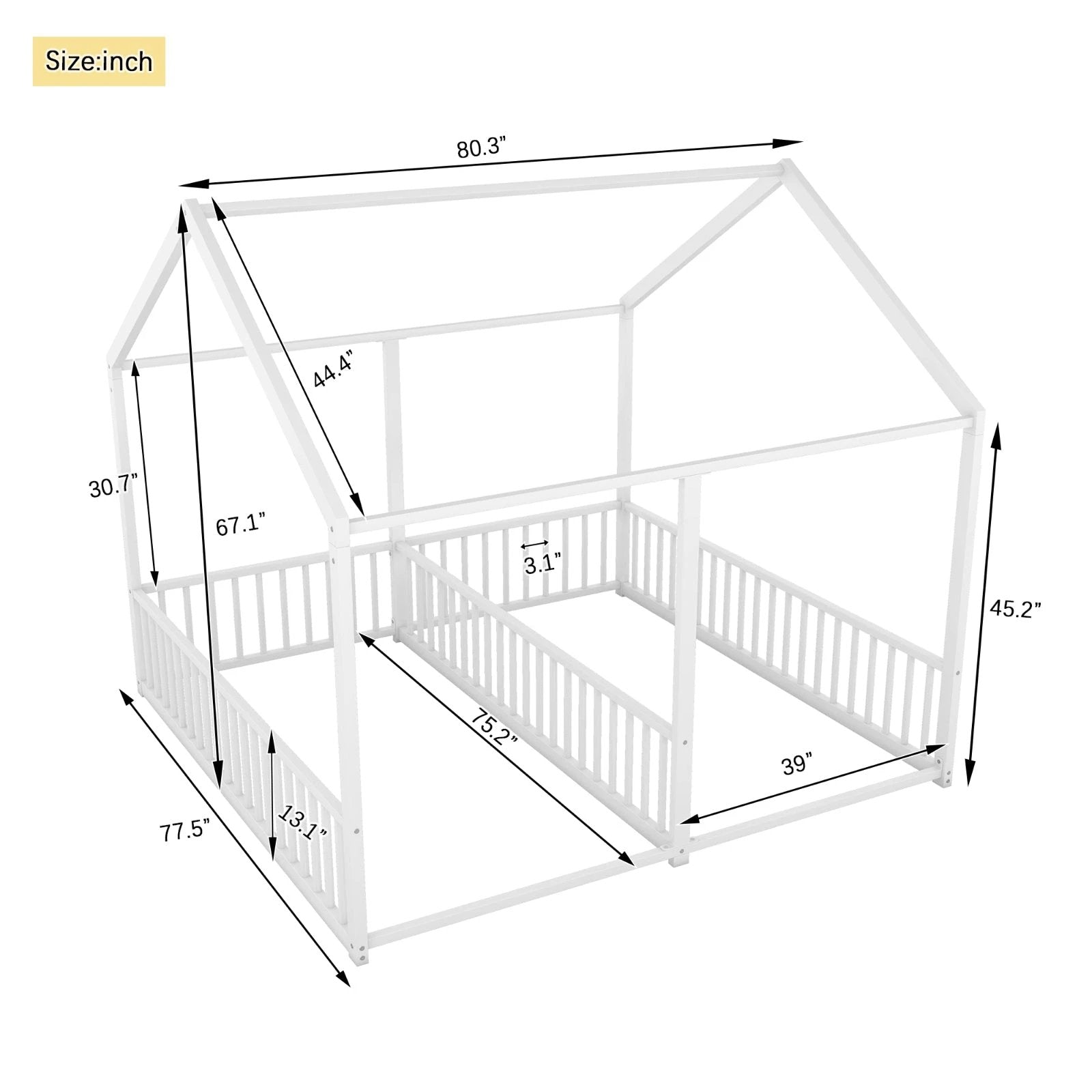 Metal Twin Size House Platform Beds, Two Shared Beds, White by GJG Denim
