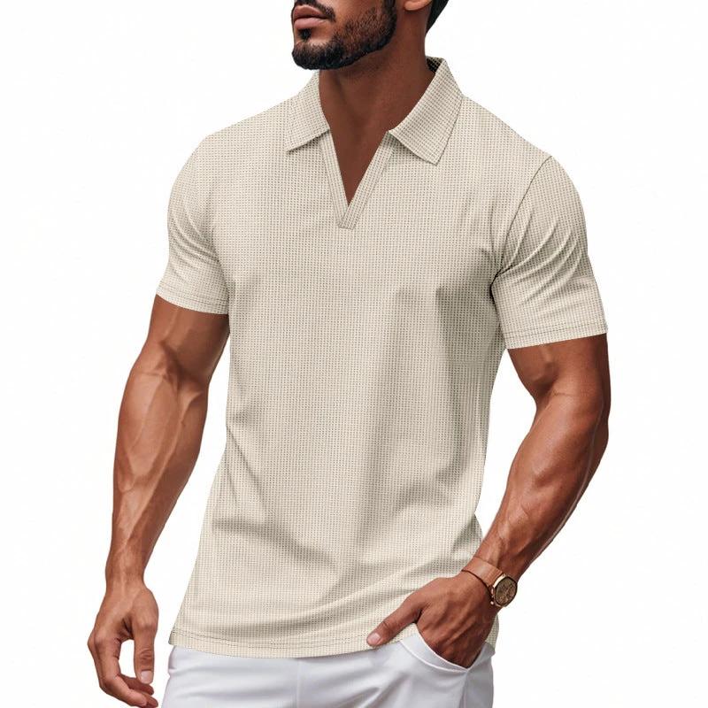 Summer Men's Loose Leisure Sports V-neck Waffle Short Sleeve Lapel Polo Shirt Men by GJG Denim