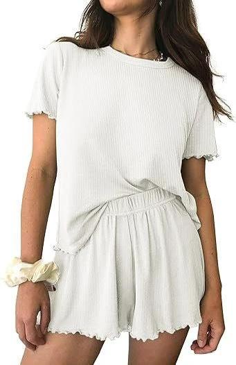 Relaxed Casual Cre Neck Short Sleeve Top And Shorts Set by GJG Denim