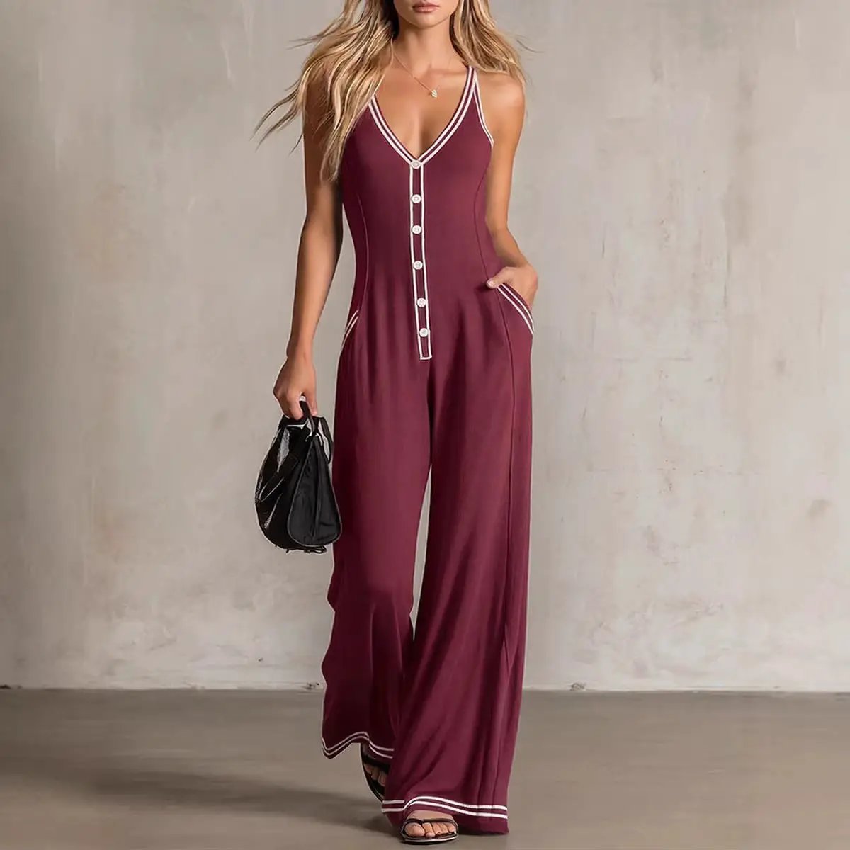 Womens V-Neck Casual Loose Backless Wide-Leg Jumpsuit by GJG Denim