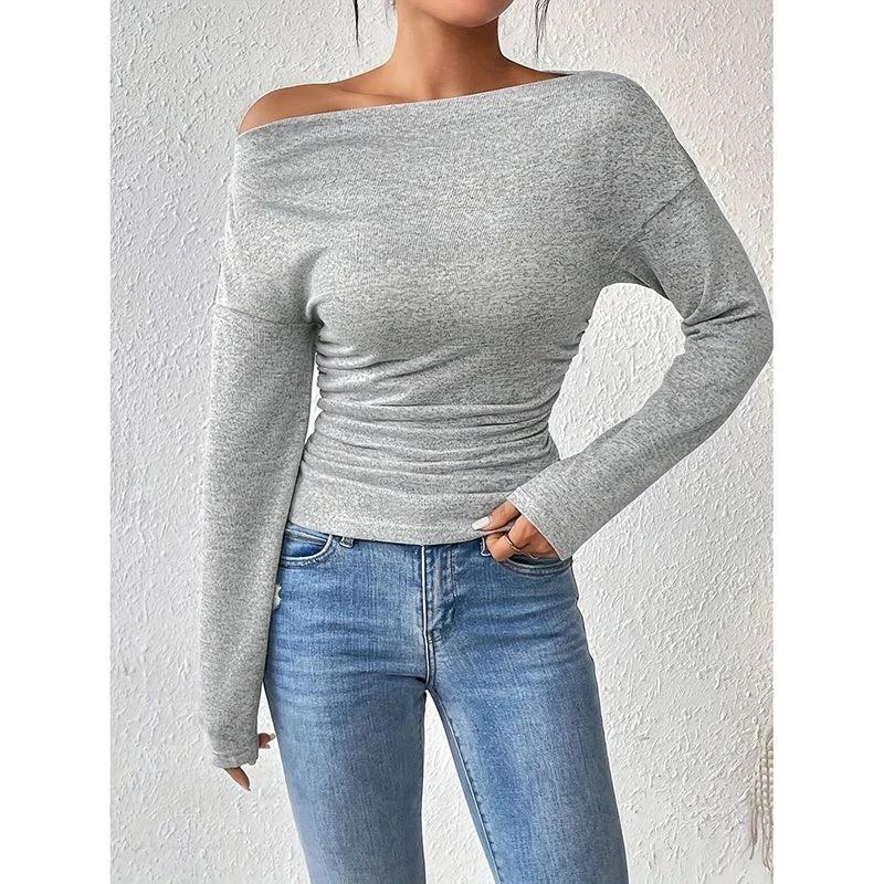 Women's Off The Shoulder Tops Long Sleeve T Shirts Going Out Tops Casual Trendy Ruched Slim Fitted Tees by GJG Denim