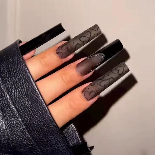 Cross-border Black Matte Dark Series European, American And French Style Nail Tip Long Wearable Water Pipe Nail Press On Nails by GJG Denim