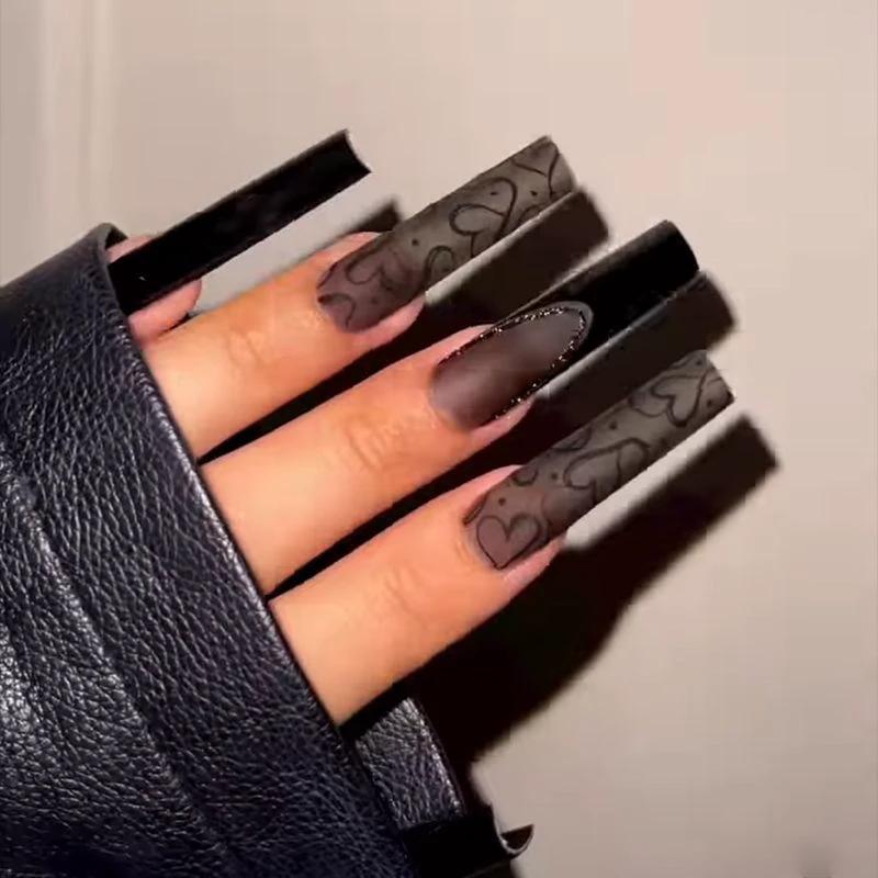 Cross-border Black Matte Dark Series European, American And French Style Nail Tip Long Wearable Water Pipe Nail Press On Nails by GJG Denim