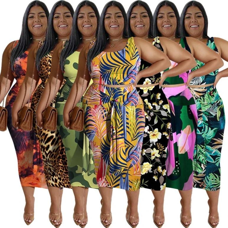 Women's Plus-Size Printed Top And Casual Skirt Set by GJG Denim