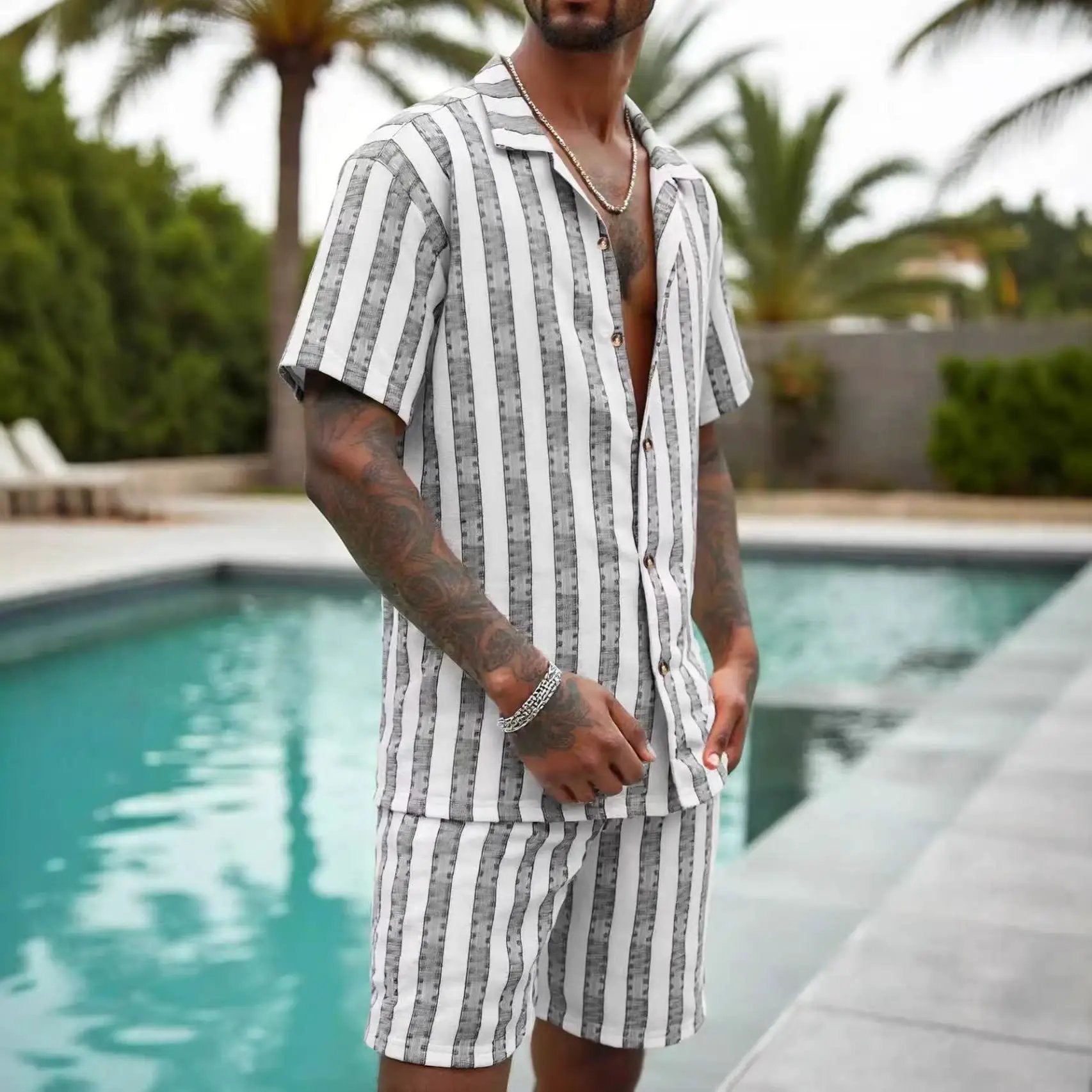 Men's Casual Shirt And Loose Shorts Set by GJG Denim